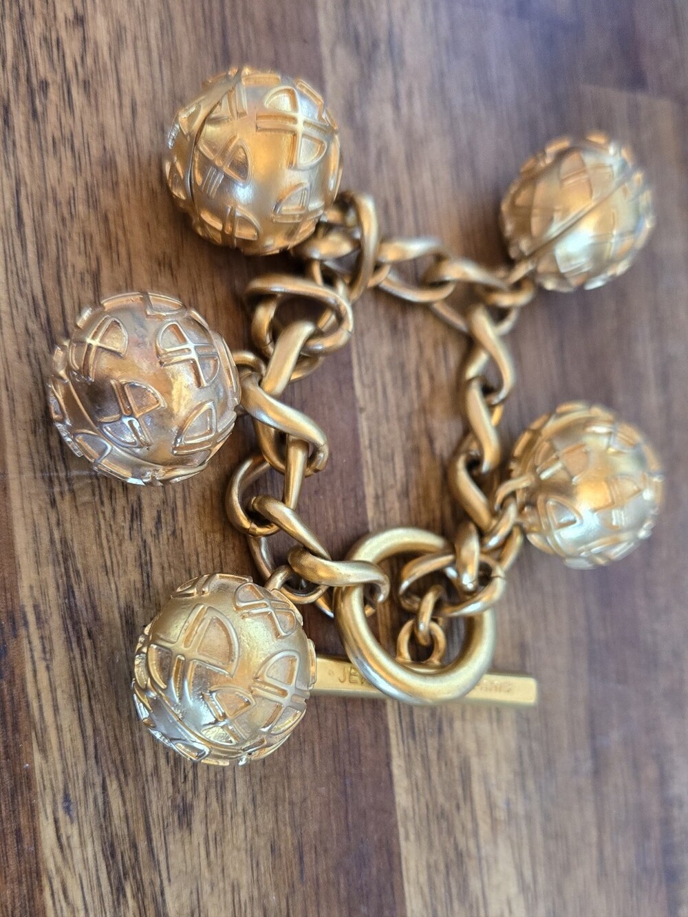 Vintage 1980s Jean Patou Paris Gold-Tone Sphere Charm Bracelet – Rare Signed
